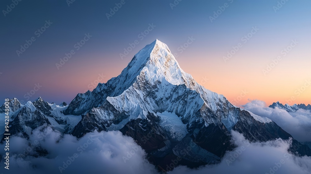 Single snow-capped mountain peak with a stunning gradient sky, evoking peace and minimalism Single snow-capped mountain peak with a stunning gradient sky, evoking peace and minimalism