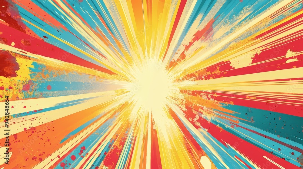 Vibrant comic book backdrop featuring radiating lines resembling sun rays or an explosive blast, ideal for adding energy and impact to designs. Vibrant comic book backdrop featuring radiating lines resembling sun rays or an explosive blast, ideal for adding energy and impact to designs.