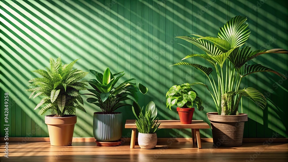 Houseplants on wooden table in front of green wall with striped shadows from sunlight Houseplants on wooden table in front of green wall with striped shadows from sunlight