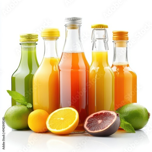 Various bottles of juice isolated on white background