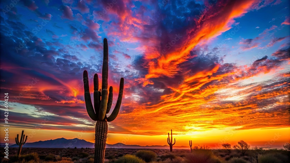 Vibrant sunset sky with cactus silhouette in the desert Vibrant sunset sky with cactus silhouette in the desert