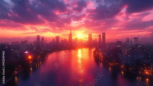 Cityscape at Sunset with River Reflecting the Sky.