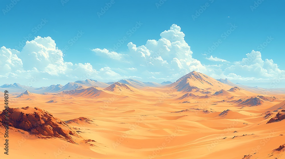 Naklejka premium Vast Desert Landscape with Rolling Sand Dunes and Dramatic Clouds.