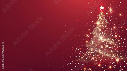A red background featuring an illuminated tree made of stars and glitter on one side