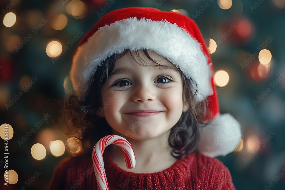 Smiling child in Santa hat holding candy cane Smiling child in Santa hat holding candy cane