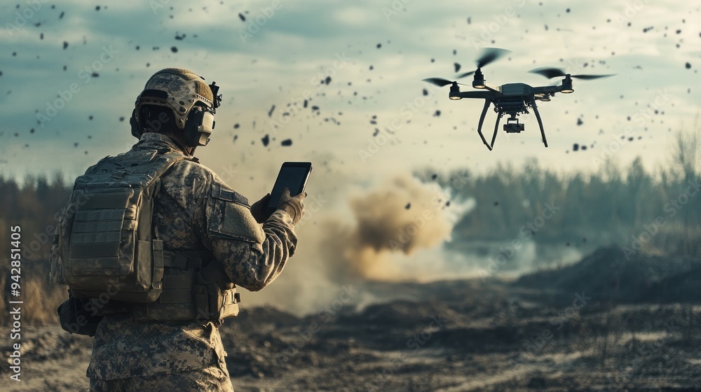 Soldier controlling a drone in a battlefield Soldier controlling a drone in a battlefield