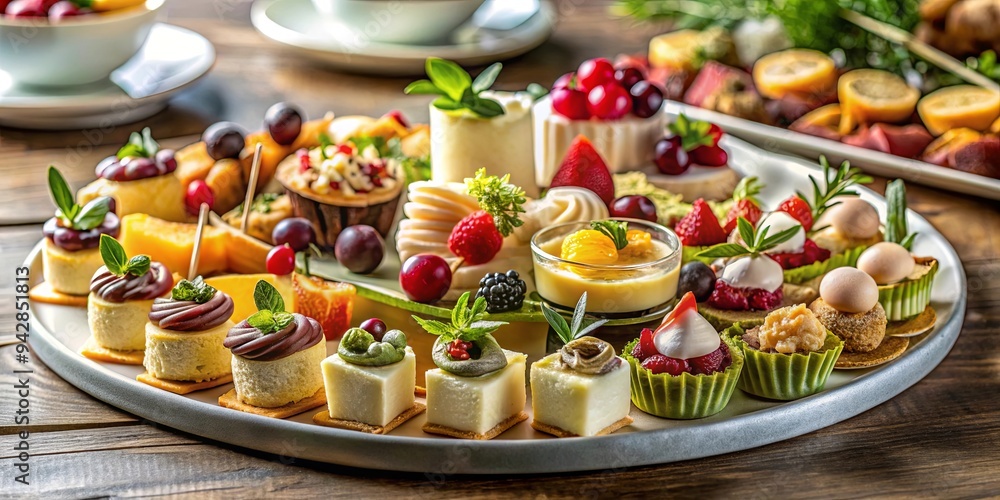 Close up shot of a delicious spread of appetizers and desserts on a platter for a party, with food styling and elegant presentation Close up shot of a delicious spread of appetizers and desserts on a platter for a party, with food styling and elegant presentation