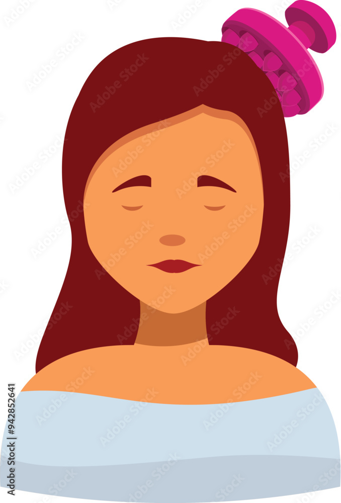 Young woman enjoys a moment of relaxation while using a scalp massager Young woman enjoys a moment of relaxation while using a scalp massager