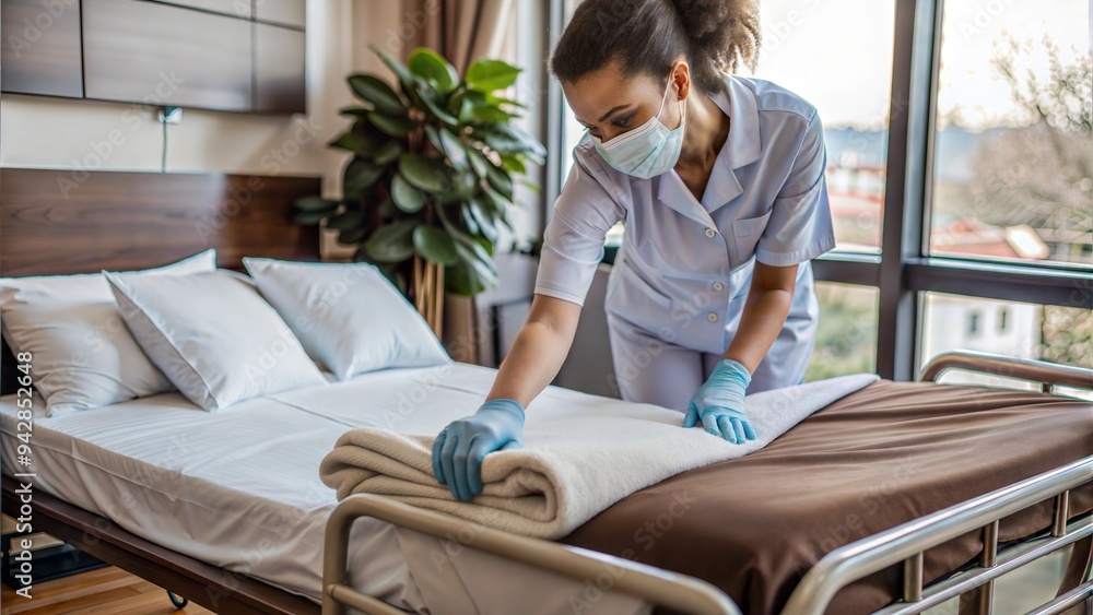 Obraz premium nurse making the bed at a hospital.