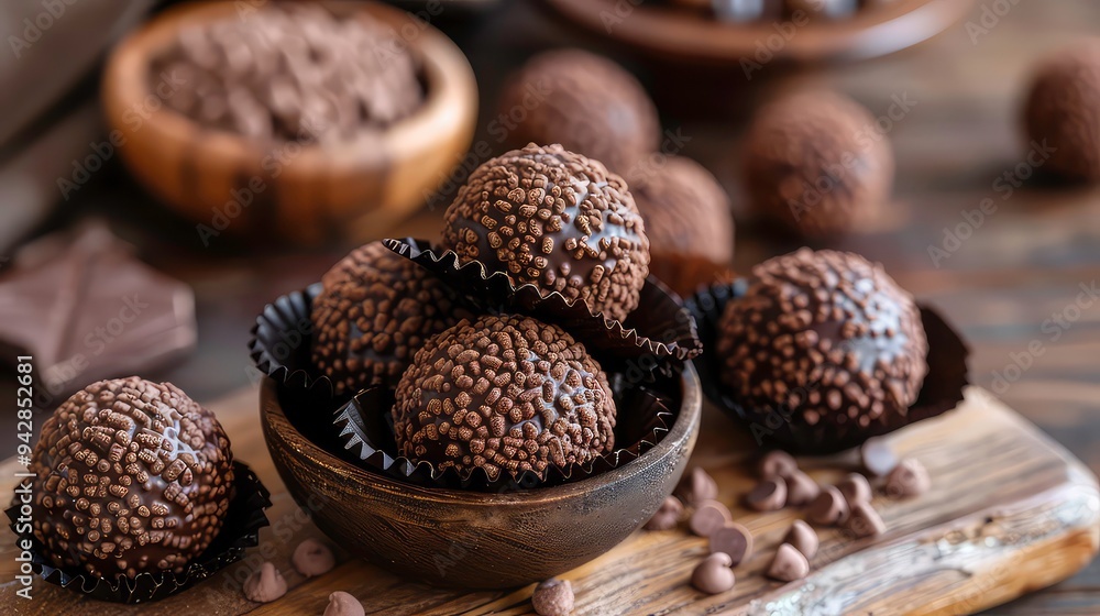 Close up of decadent chocolate truffles in a wooden bowl on a rustic wooden table. Close up of decadent chocolate truffles in a wooden bowl on a rustic wooden table.
