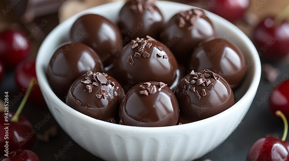 Close-up of decadent chocolate truffles, each paired with a cherry, a rich and indulgent treat. Close-up of decadent chocolate truffles, each paired with a cherry, a rich and indulgent treat.