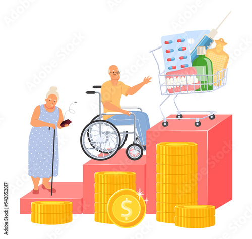 Retired elderly woman, senior man characters on growing stack of money coin with special needs in wheelchair reaching trolley cart with remedies. Expensive price on medicines vector illustration