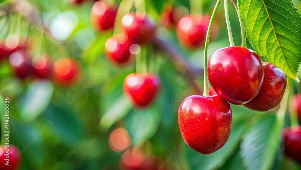Juicy and plump ripe cherry hanging on a tree, ready for harvest, symbolizing red food and agriculture Juicy and plump ripe cherry hanging on a tree, ready for harvest, symbolizing red food and agriculture