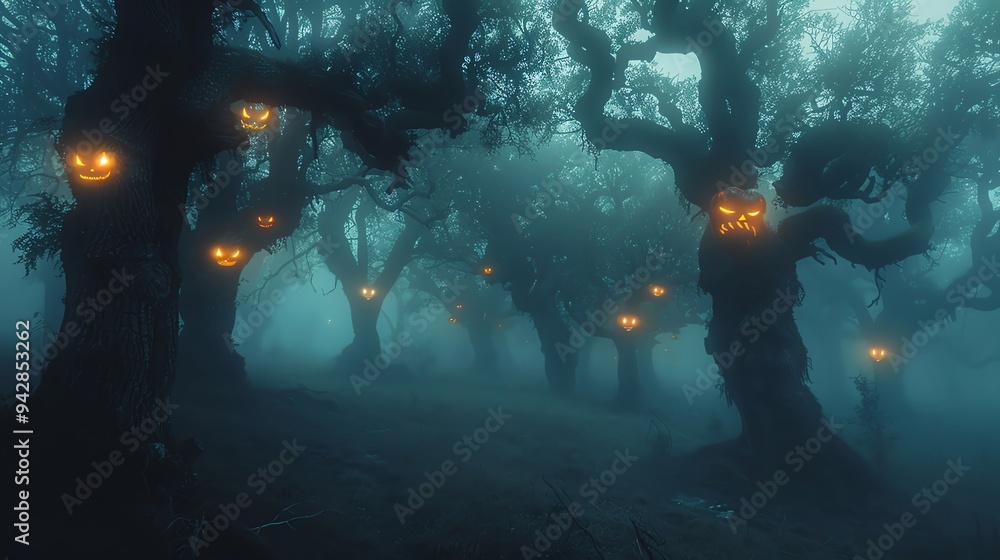 Foggy forest with twisted trees and glowing eyes, creating a chilling ...
