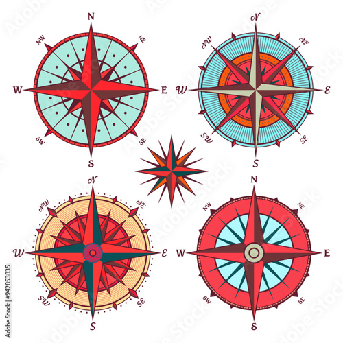 Vintage marine wind rose, nautical chart. Colorful navigational compass with cardinal directions of North, East, South, West. Geographical position, cartography and navigation. Vector illustration