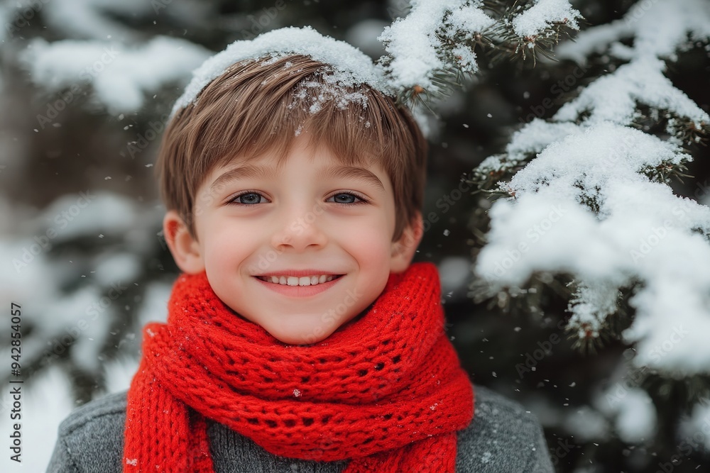 Smiling boy in red scarf with snow on hair, winter backdrop Smiling boy in red scarf with snow on hair, winter backdrop