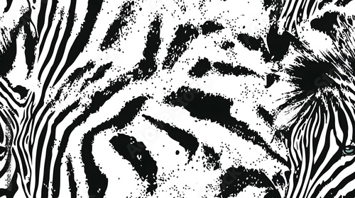 A zebra print is shown in black and white. The zebra print is very detailed and has a lot of texture