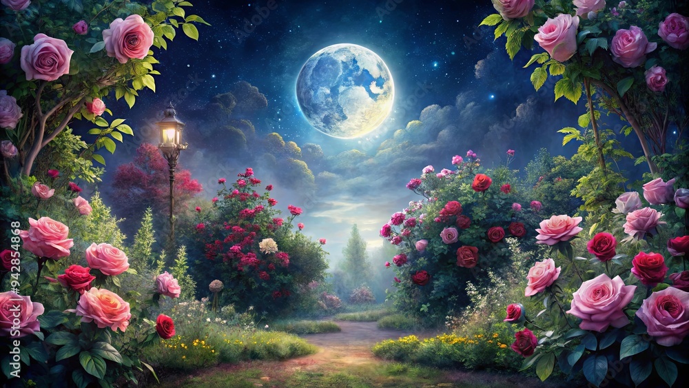 A stunning painting of roses with a mystical moon shining in the night garden A stunning painting of roses with a mystical moon shining in the night garden