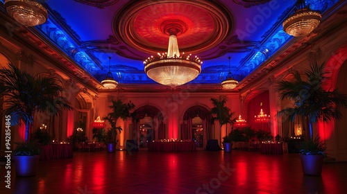 Sophisticated Ballroom with Ornate Ceiling Design, Vibrant Chandeliers, and Potted Palm Trees, Enhanced by Warm Red and Blue Lighting