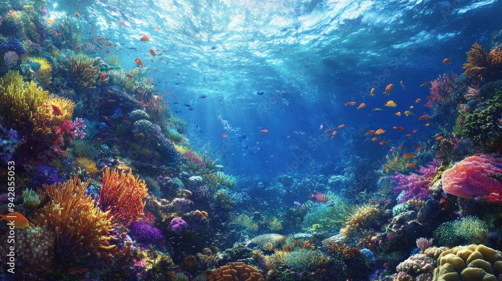 Fototapeta premium Vibrant Underwater Coral Reef Ecosystem with Fish
