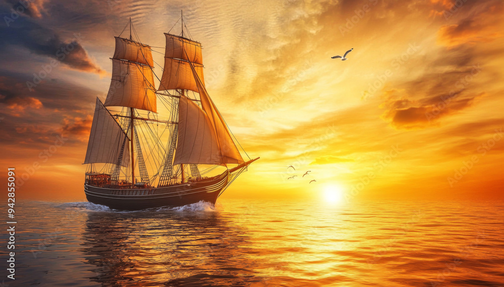 Obraz premium Sailing Ship at Sunset with Golden Sky and Rippling Water