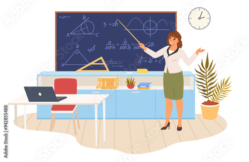 Professional math teacher cartoon female character standing at blackboard explaining subject in classroom at school vector illustration. Education process and mathematics lesson concept