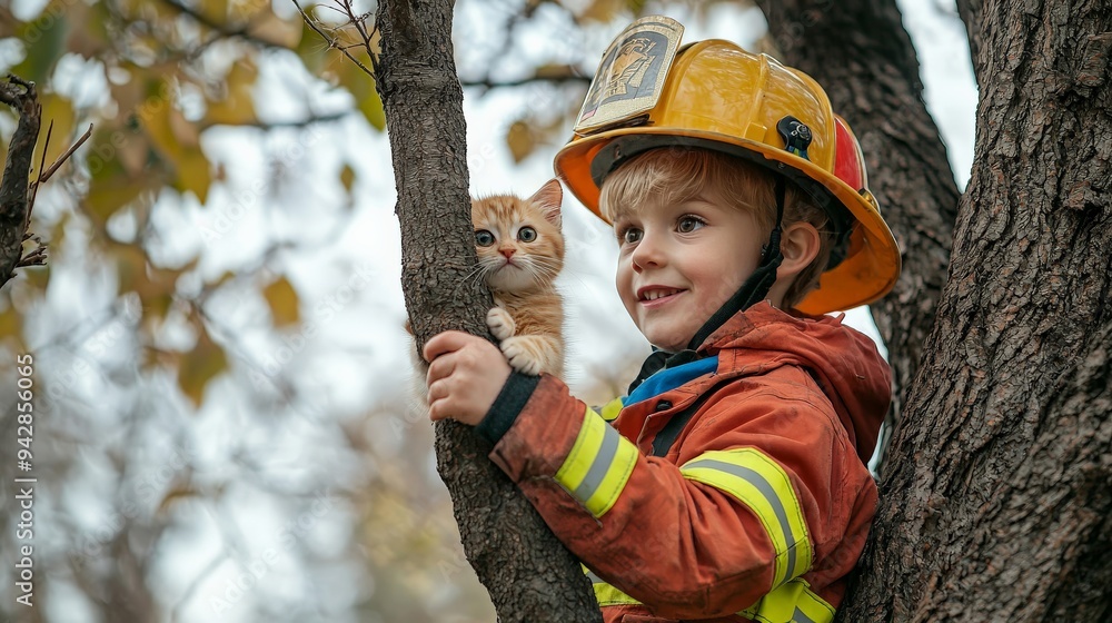 A child playing the role of a firefighter, rescuing a toy cat from a tree A child playing the role of a firefighter, rescuing a toy cat from a tree