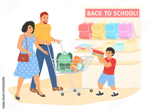Happy family doing shopping preparing to school vector illustration. Mother and father with boy son purchasing stationery and supply for study at supermarket