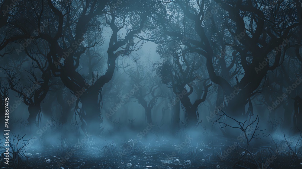 Naklejka premium Dark forest with dense fog and twisted trees, giving a mysterious and haunted vibe, perfect for a ghostly Halloween text overlay dark forest, dense fog, twisted trees, haunted vibe