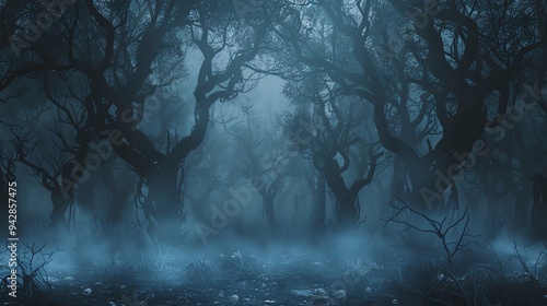 Dark forest with dense fog and twisted trees, giving a mysterious and haunted vibe, perfect for a ghostly Halloween text overlay dark forest, dense fog, twisted trees, haunted vibe photo