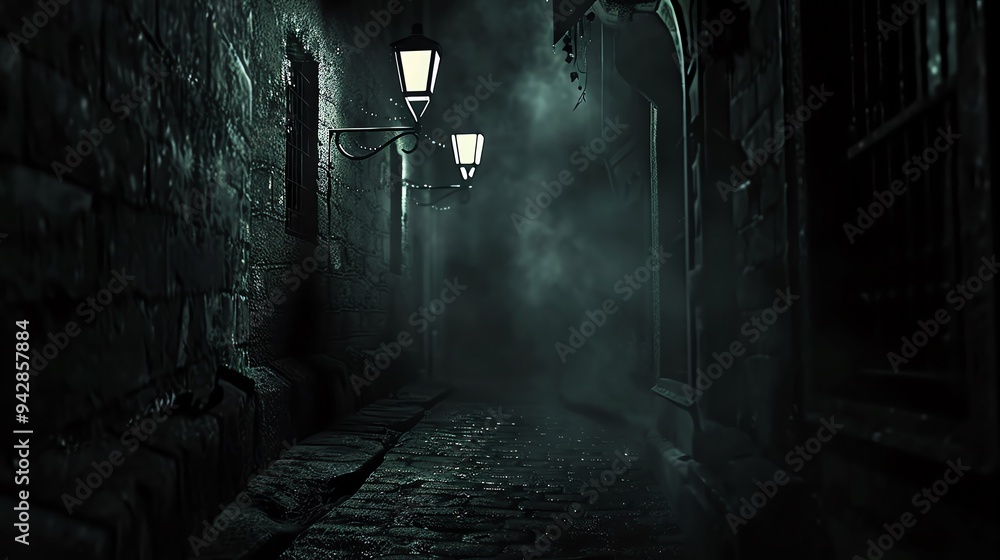 Dark alleyway with flickering streetlights, casting eerie shadows, perfect for a spooky Halloween text overlay dark alleyway, flickering streetlights, eerie shadows Dark alleyway with flickering streetlights, casting eerie shadows, perfect for a spooky Halloween text overlay dark alleyway, flickering streetlights, eerie shadows