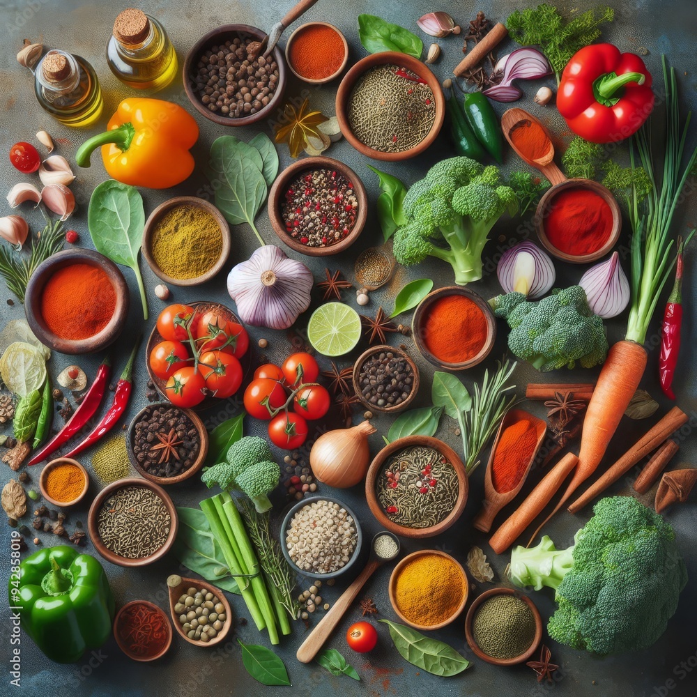 op view of Herbs and spices, ingredients for cooking food, healthy vegetables food, high fibers and vitamins.
op view of Herbs and spices, ingredients for cooking food, healthy vegetables food, high fibers and vitamins.