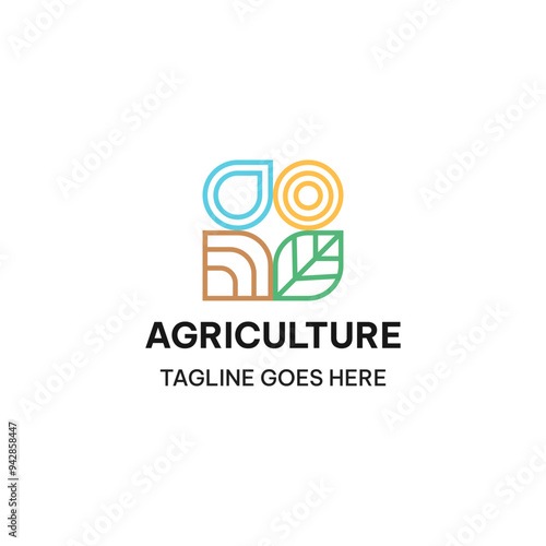 Agriculture logo with four elements, soil, leaf, water, and sun in simple line style. Creative farm logo vector illustration