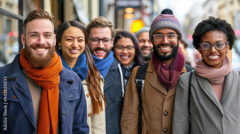 A group of cheerful friends dressed in warm winter clothing, including hats and scarves, smiling together outdoors, capturing the joy of winter companionship.
A group of cheerful friends dressed in warm winter clothing, including hats and scarves, smiling together outdoors, capturing the joy of winter companionship.