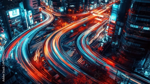 Cityscape with Intertwined Highways and Blurry Light Trails at Night