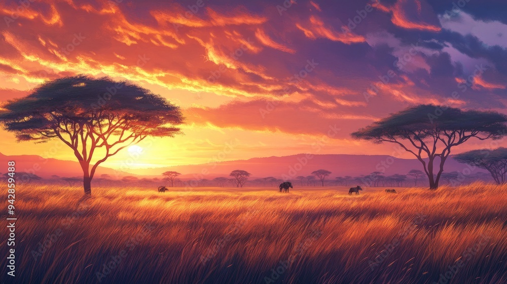 Fototapeta premium A vast savannah landscape with acacia trees under a dramatic sunset, offering space for text. Great for wildlife, adventure, or travel promotions.