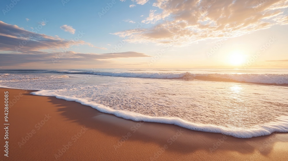 Fototapeta premium A wide, sandy beach at sunset with gentle waves rolling in, leaving plenty of space for text. Perfect for vacation, relaxation, or summer