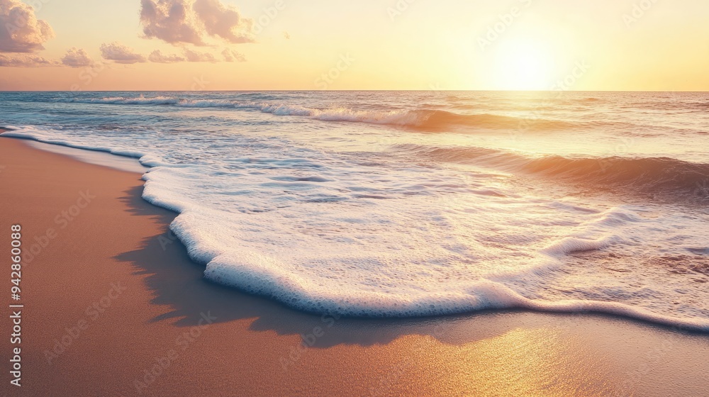 A wide, sandy beach at sunset with gentle waves rolling in, leaving plenty of space for text. Perfect for vacation, relaxation, or summer A wide, sandy beach at sunset with gentle waves rolling in, leaving plenty of space for text. Perfect for vacation, relaxation, or summer