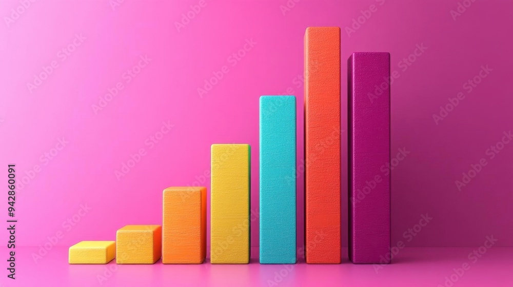 Colorful 3D bar chart on a vibrant pink background, representing growth and progress in data visualization. Colorful 3D bar chart on a vibrant pink background, representing growth and progress in data visualization.