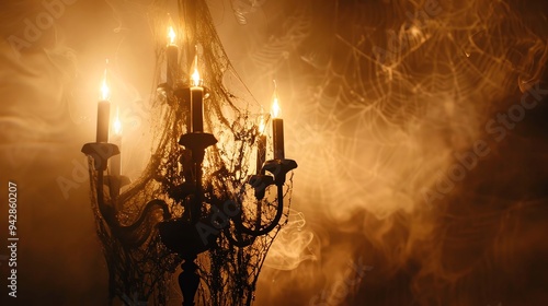 Cobwebcovered chandelier with flickering candles, casting eerie shadows, perfect for a spooky Halloween text overlay cobwebcovered chandelier, flickering candles, eerie shadows photo