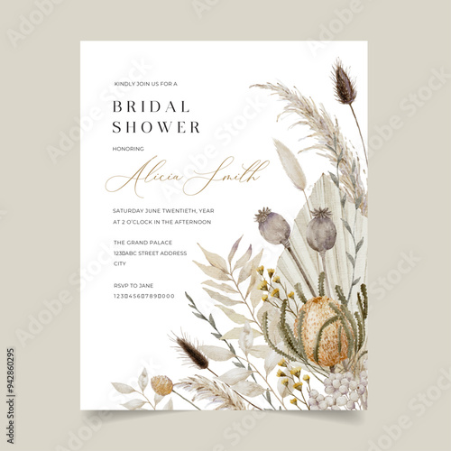 Australian Native Flower Bridal Shower Invitation Banksia with Dried Palm Leaves, Pampas Grass and Other Dried Floral