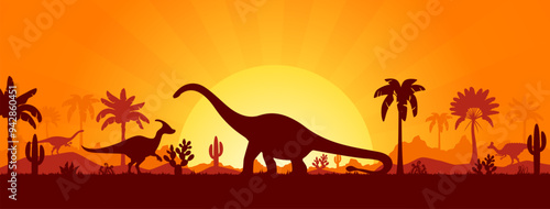 Dinosaurs silhouettes, Jurassic era sunset landscape with prehistoric giant lizards, vector background. Cartoon prehistoric dinosaur lizards silhouettes in jungle forest trees with sun or moon in sky