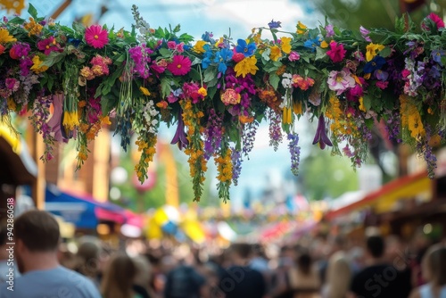 Wallpaper Mural A colorful flower garland hanging in focus with blurred Oktoberfest crowd background Torontodigital.ca