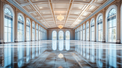 Spacious Empty Banquet Hall with Glossy Reflective Floors and High Vaulted Ceilings for Upscale Gatherings