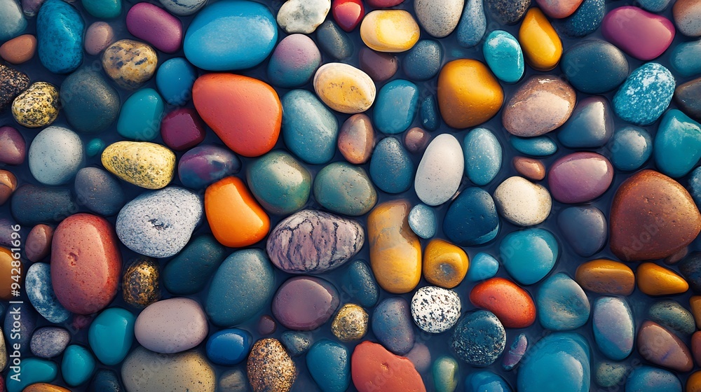 A close-up of colorful smooth stones, some wet, reflecting light in various shades of blue, green, yellow, orange, red, brown and white, creating a textural and visually pleasing abstract. A close-up of colorful smooth stones, some wet, reflecting light in various shades of blue, green, yellow, orange, red, brown and white, creating a textural and visually pleasing abstract.