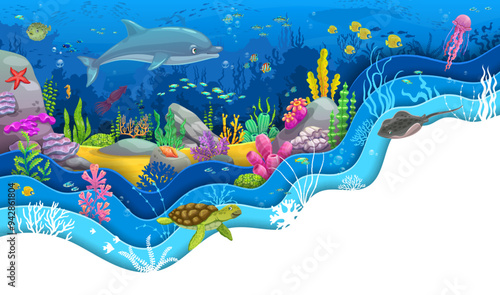 Funny cartoon dolphin and turtle at paper cut sea underwater landscape. 3d vector wavy papercut frame with jellyfish, fish shoal, whimsical seaweeds and coral reef in ocean water depth