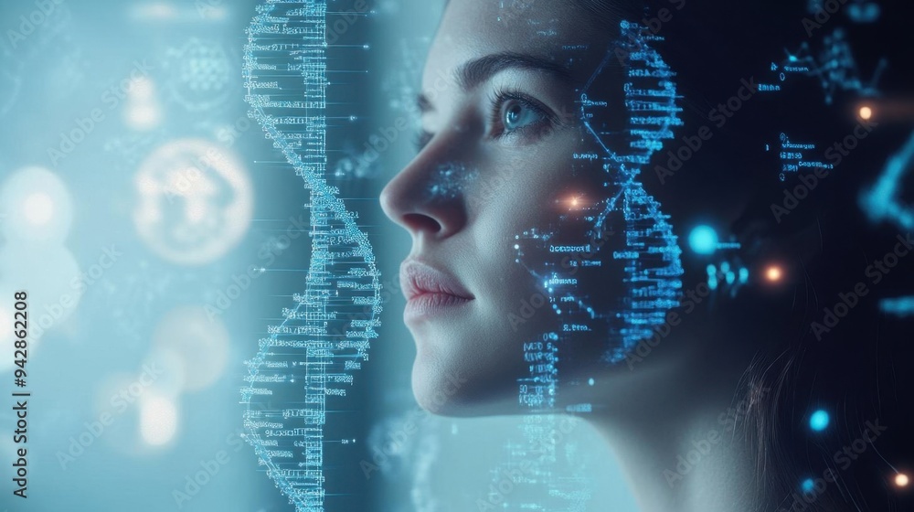 A futuristic portrait of a woman with digital data projections, symbolizing technology and innovation in science and genetics. A futuristic portrait of a woman with digital data projections, symbolizing technology and innovation in science and genetics.
