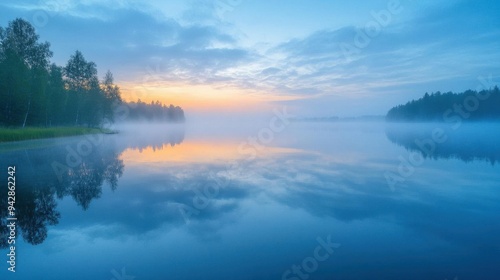 Wallpaper Mural Drifting fog over a still lake at dawn, foggy weather, calm and ethereal Torontodigital.ca