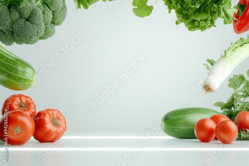 Fresh vegetables floating in a zerogravity kitchen, glowing softly, 3D illustration photo