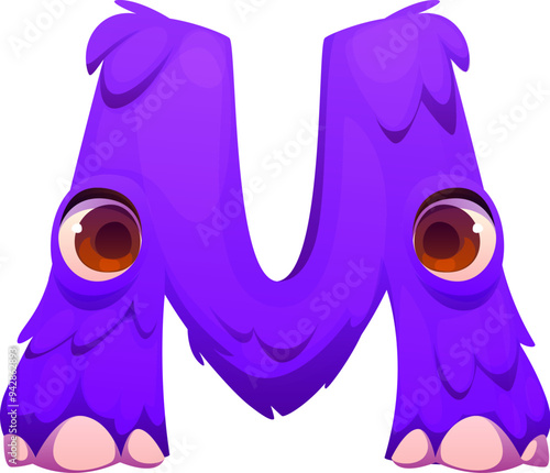 Letter M Halloween font, cartoon evil type, funny scary typeface, spooky alphabet uppercase letter, cute furry purple monster with big eyes and claws. Isolated vector funny kids latin abc character